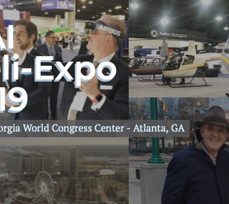 HAI heli-expo cover photo with Airbus technology, Atlanta cityscapes and Robinson Helicopters.