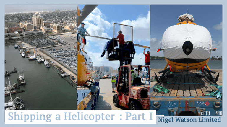 Hero Image for article "Shipping a Helicopter Part I" - left: aerial view of Galveston port, middle: H145 blade removal with fork lift, right: front view of H145 on dolly to be shipping with covers on.