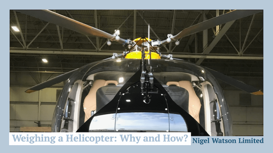 Close up of an H145 helicopter from the front showing main rotor, with title "weighing a helicopter: why and how?"